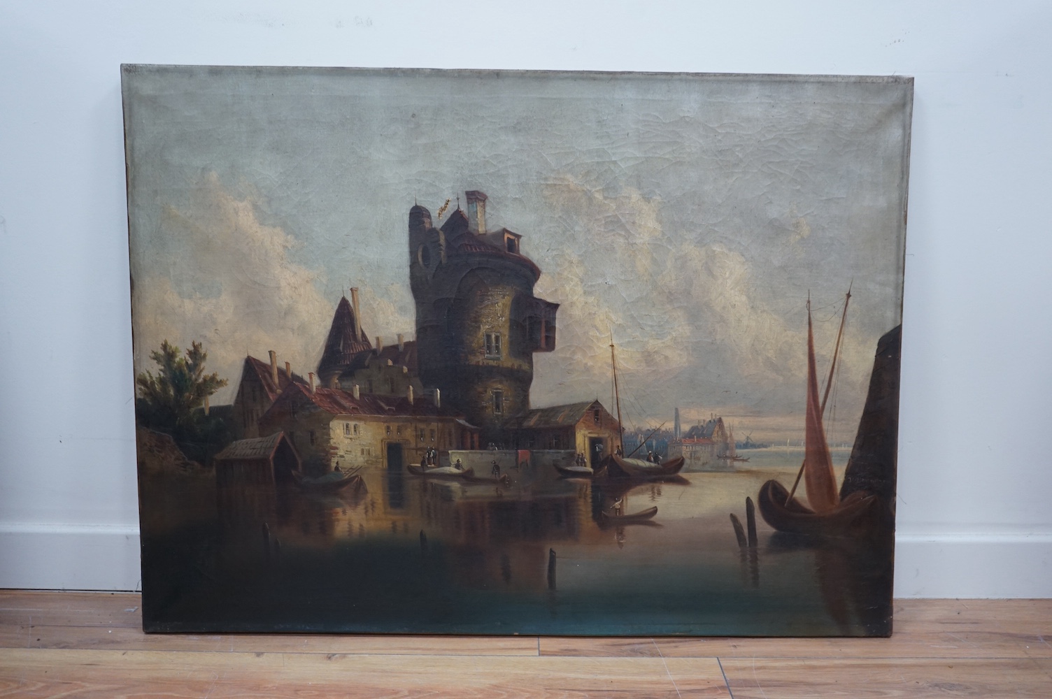 Carl Gessnitzer, (German, 19th. C), oil on canvas, Riverside town, signed, 74 x 100cm, unframed. Condition - poor to fair